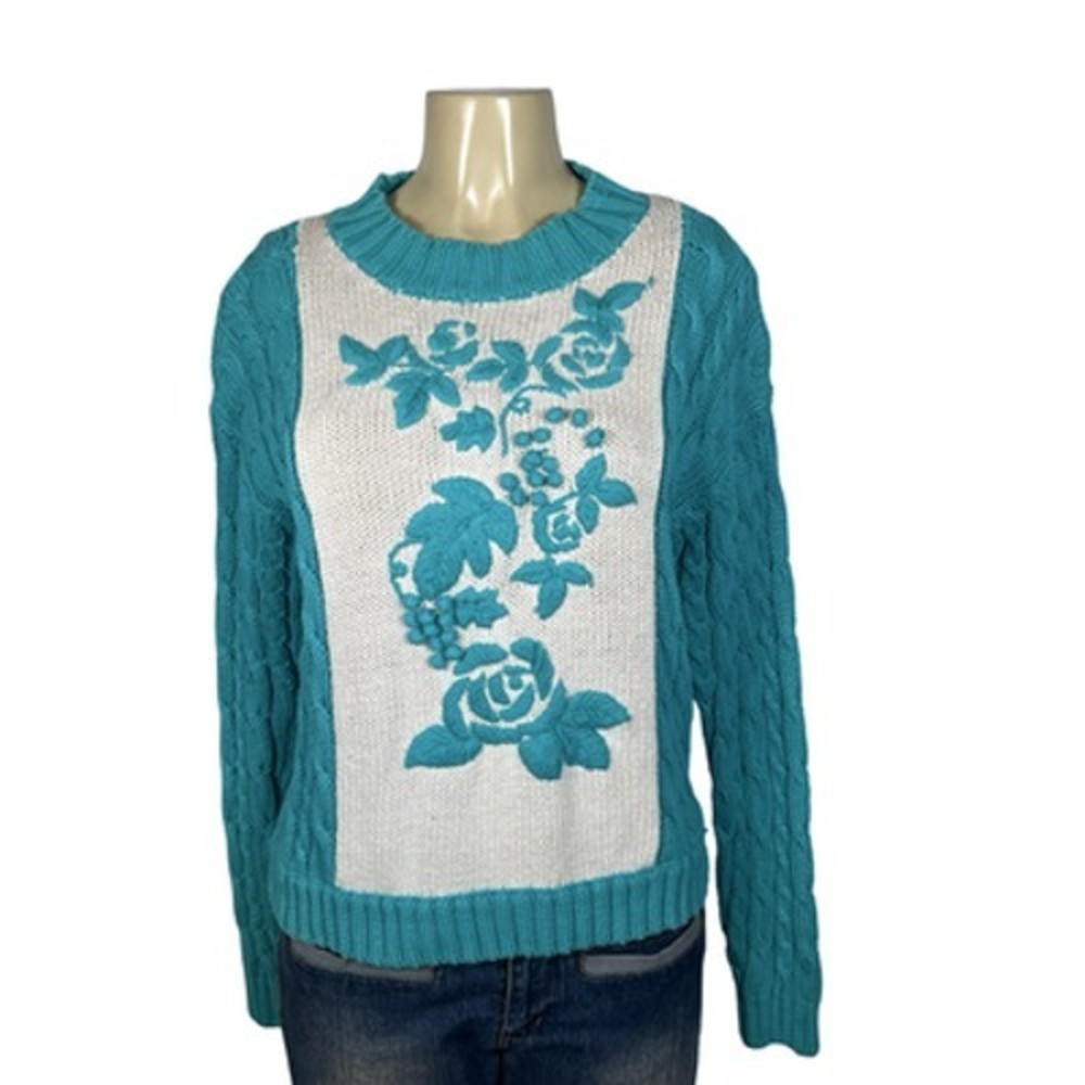 Vintage Lauren Cole Petites Sweater Womens Small Blue Rose Knit Hong Kong 80s